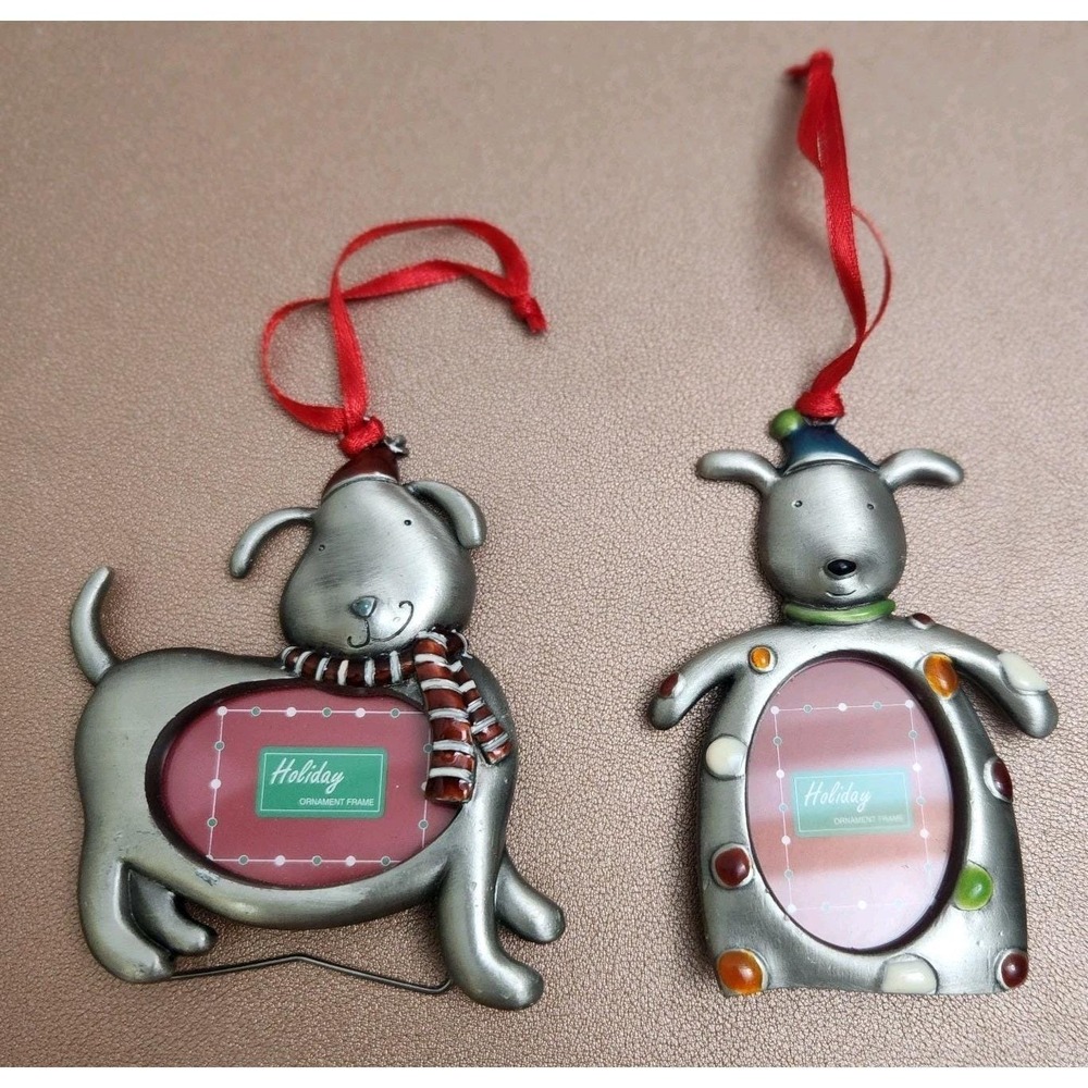 2 Vintage Kohl's Pewter Metal Dog Shaped Ornaments Photo Frames 3.5"